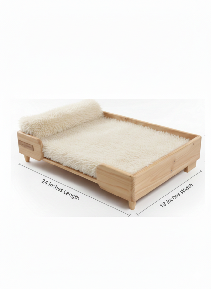 Wooden Cat Bed - Luxury Cat bed | White Fur | Solid Wood | 24x18 Inch