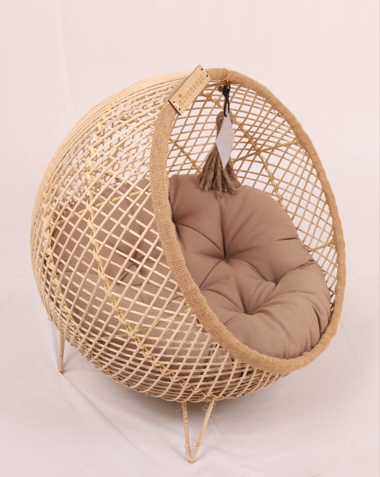 Wooden Luxury Handmade Cat and Small Dog Cane Bed – 18"x18" with Cushion & Play Toy