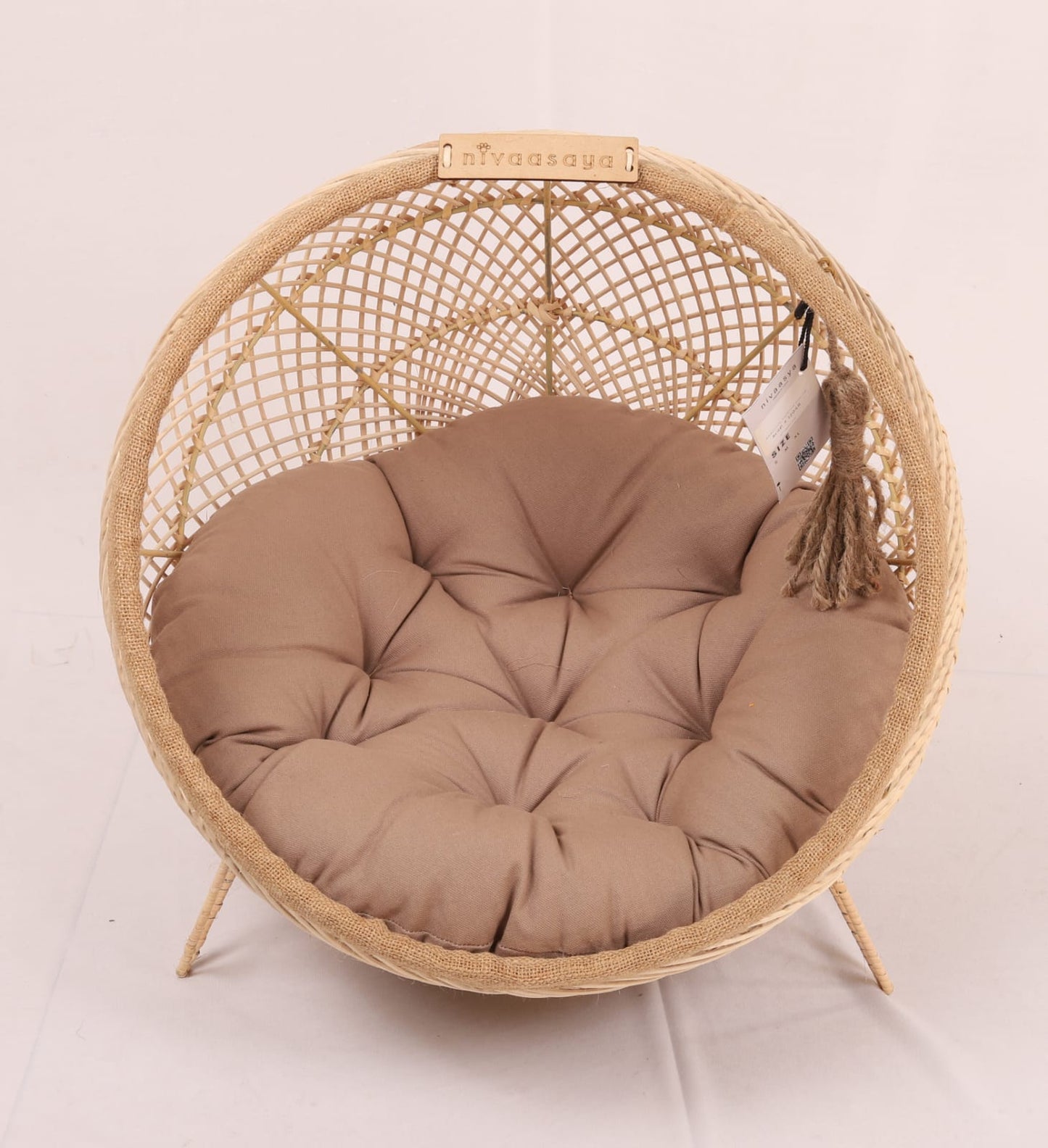 Wooden Luxury Handmade Cat and Small Dog Cane Bed – 18"x18" with Cushion & Play Toy