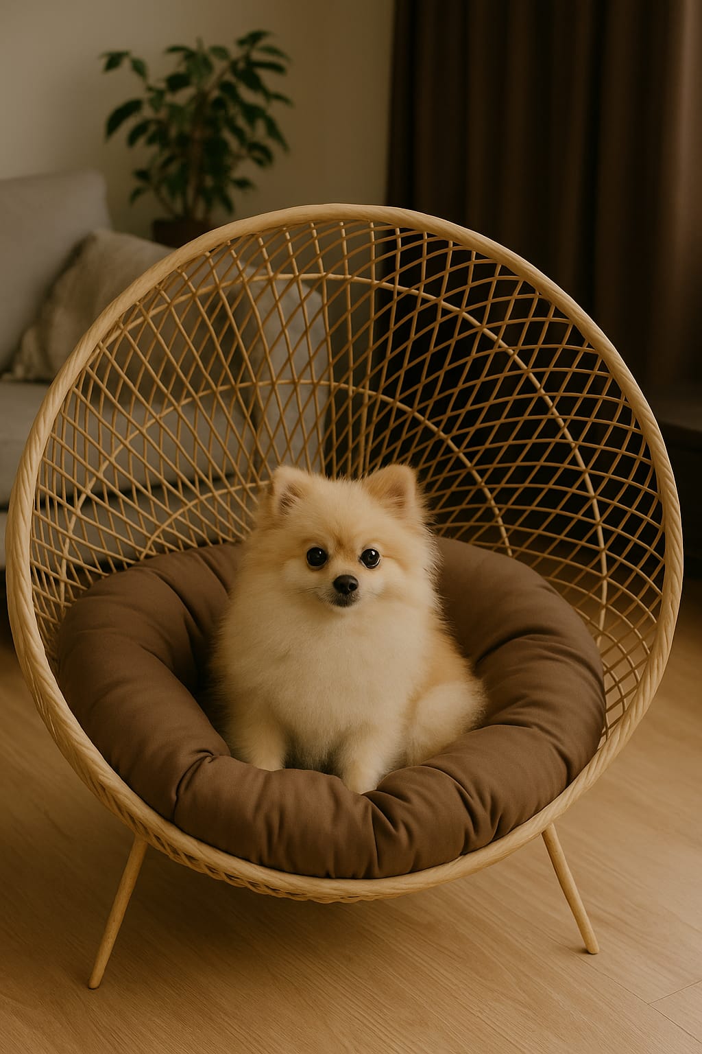 Wooden Luxury Handmade Cat and Small Dog Cane Bed – 18"x18" with Cushion & Play Toy