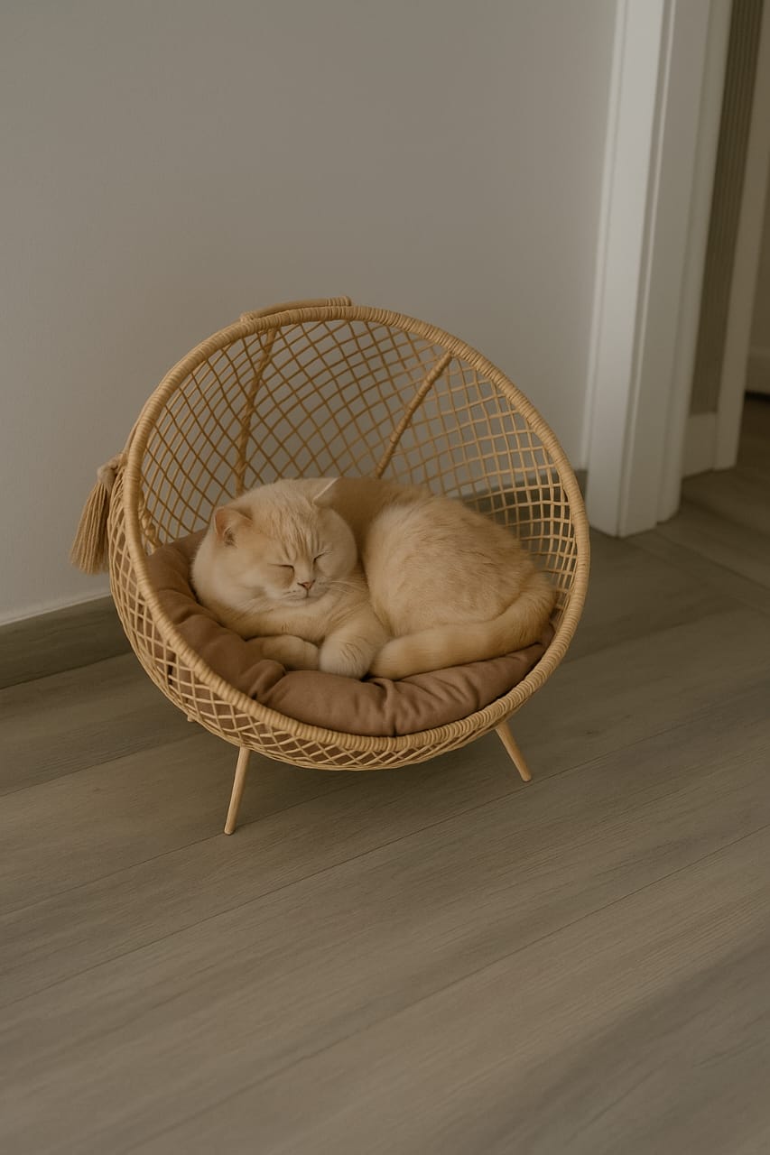 Wooden Luxury Handmade Cat and Small Dog Cane Bed – 18"x18" with Cushion & Play Toy