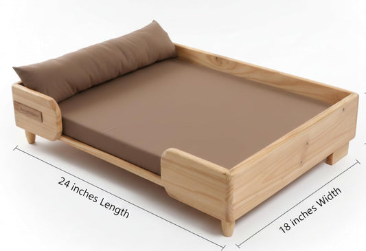 Beige Bedding with Cushion | Small Dog Wooden Bed | Pet Furniture