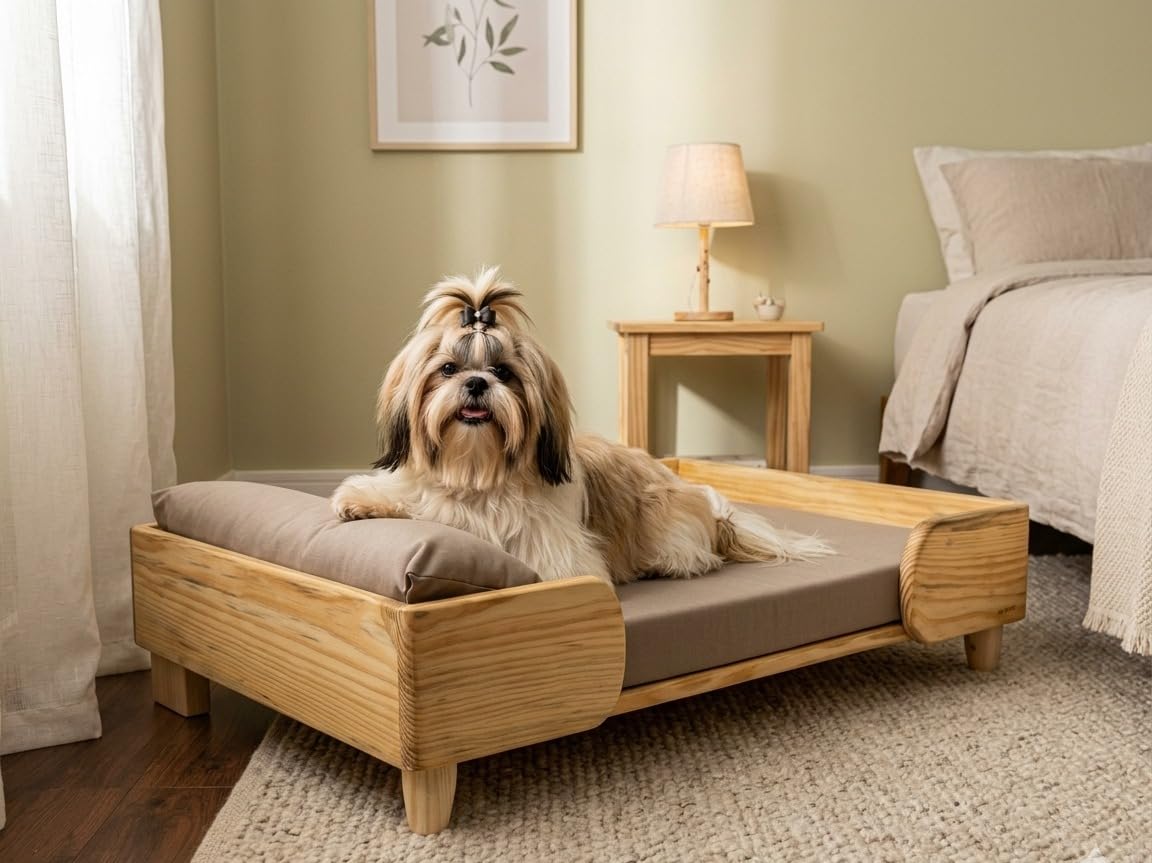 Beige Bedding with Cushion | Small Dog Wooden Bed | Pet Furniture
