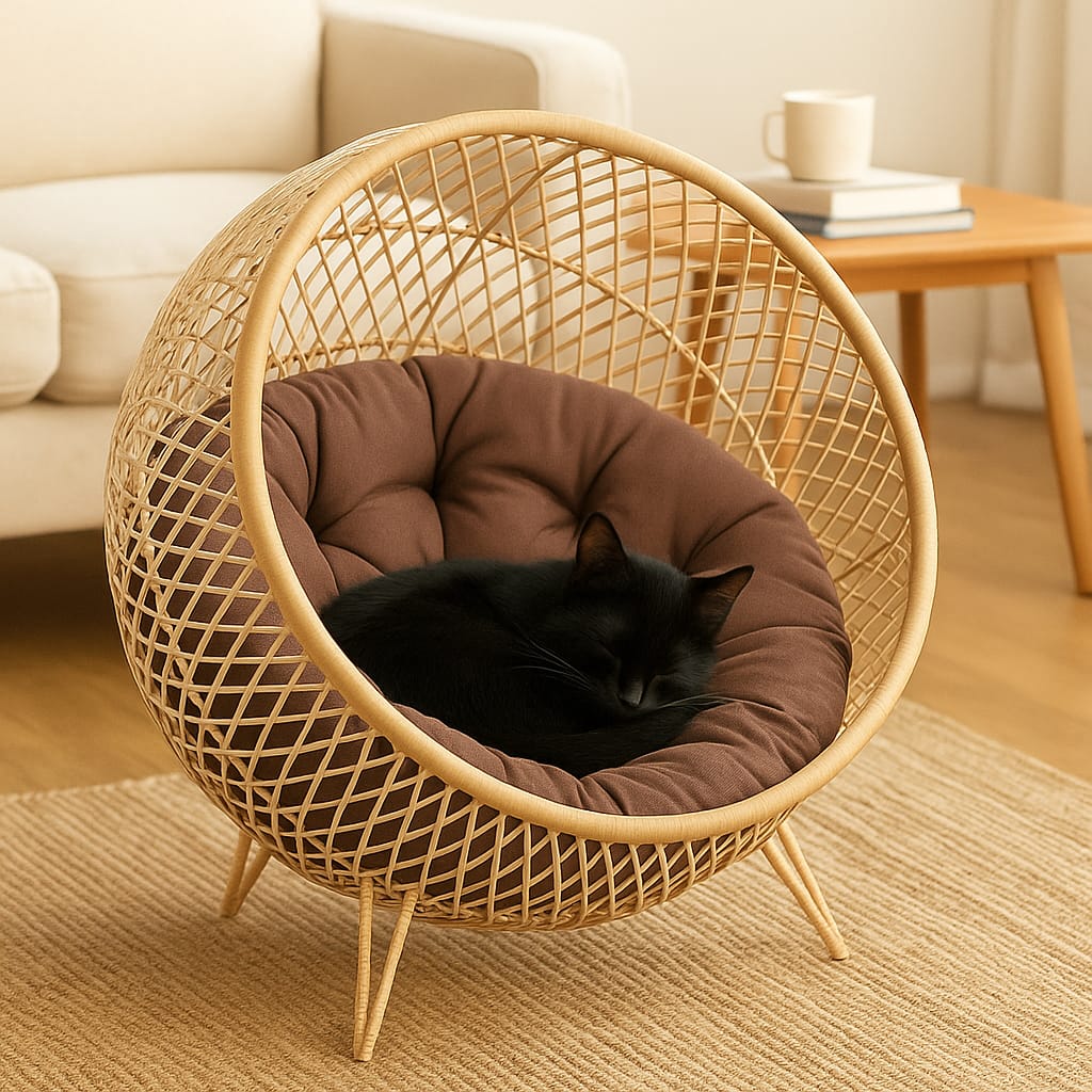 Wooden Luxury Handmade Cat and Small Dog Cane Bed – 18"x18" with Cushion & Play Toy
