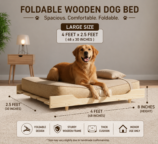 Foldable Wooden Dog Bed with Cushion | Large Pet Sofa Bed | Portable Folding Pet Cot for Large Dogs | Indoor Use | 48 x 30 Inches (4 ft x 2.5 ft)