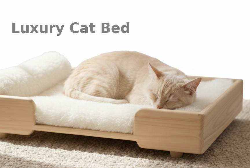 Wooden Cat Bed - Luxury Cat bed | White Fur | Solid Wood | 24x18 Inch
