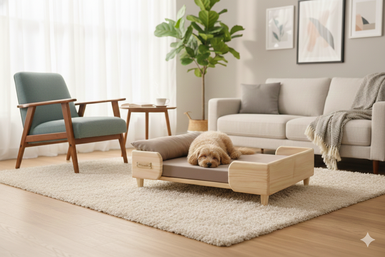 Beige Bedding with Cushion | Small Dog Wooden Bed | Pet Furniture