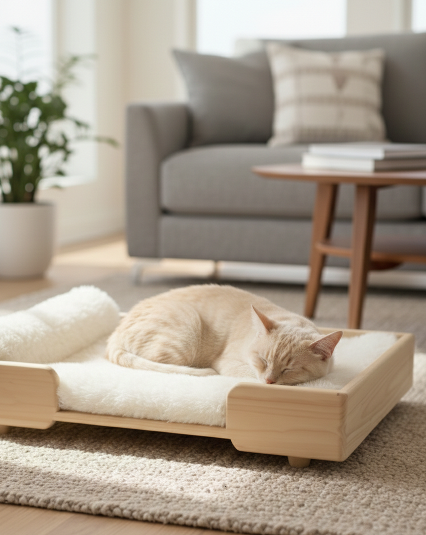 Wooden Cat Bed - Luxury Cat bed | White Fur | Solid Wood | 24x18 Inch