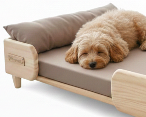 Beige Bedding with Cushion | Small Dog Wooden Bed | Pet Furniture
