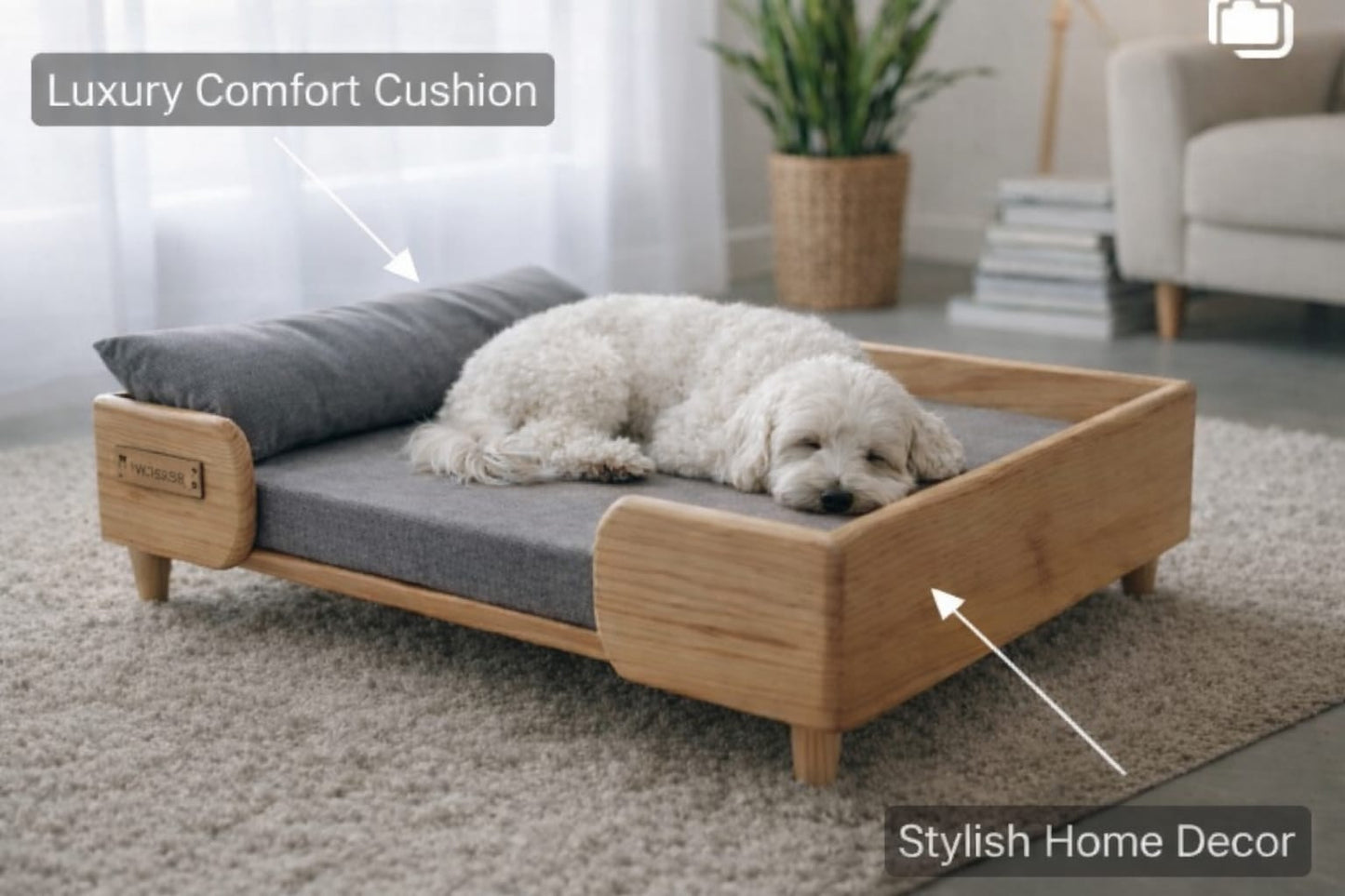 Gray Luxury Wooden Dog Bed – Small Size (2 ft x 1.5 ft) | Premium Pet Furniture