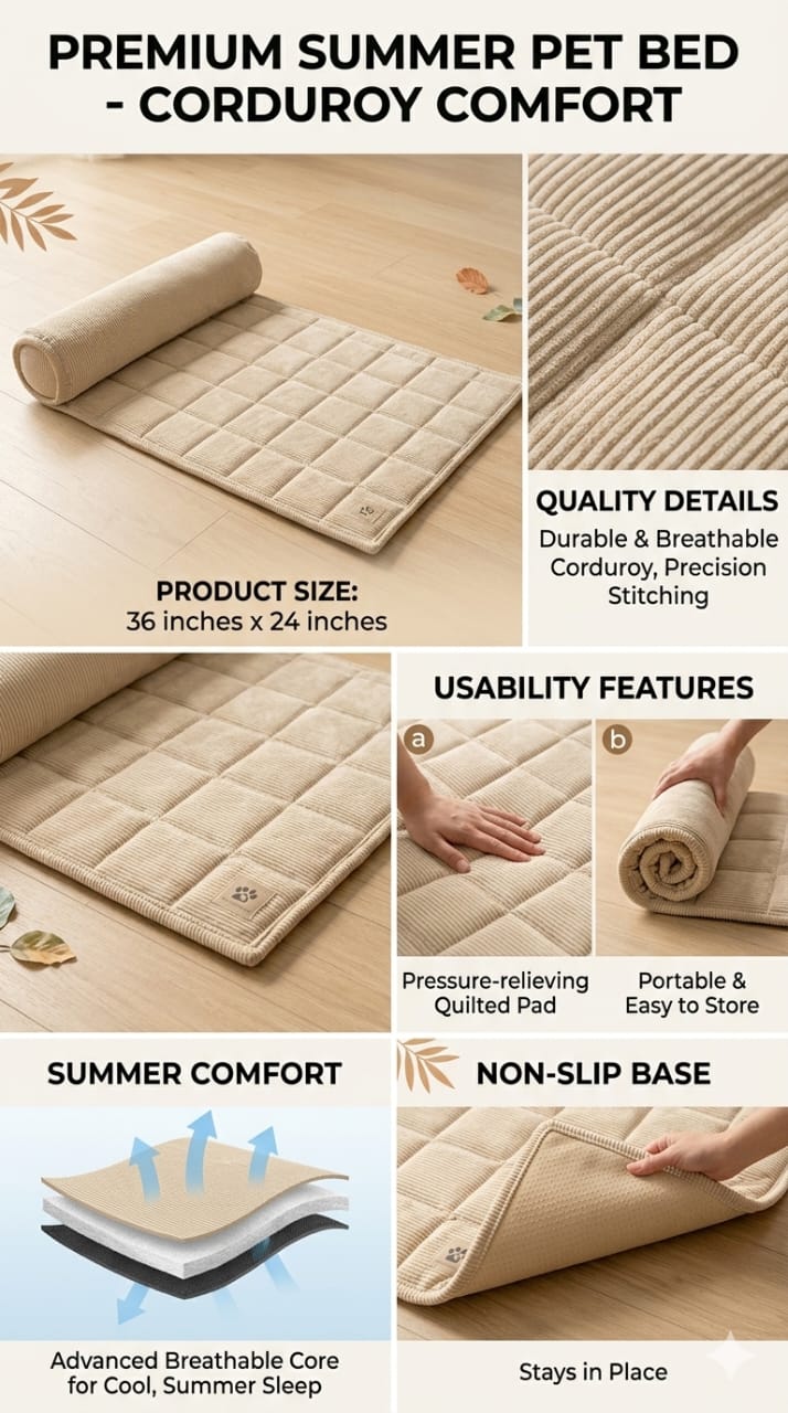 Premium Summer Dog Bed Mat with Bolster Pillow                              | 3 ft x 2 ft Pet Bed