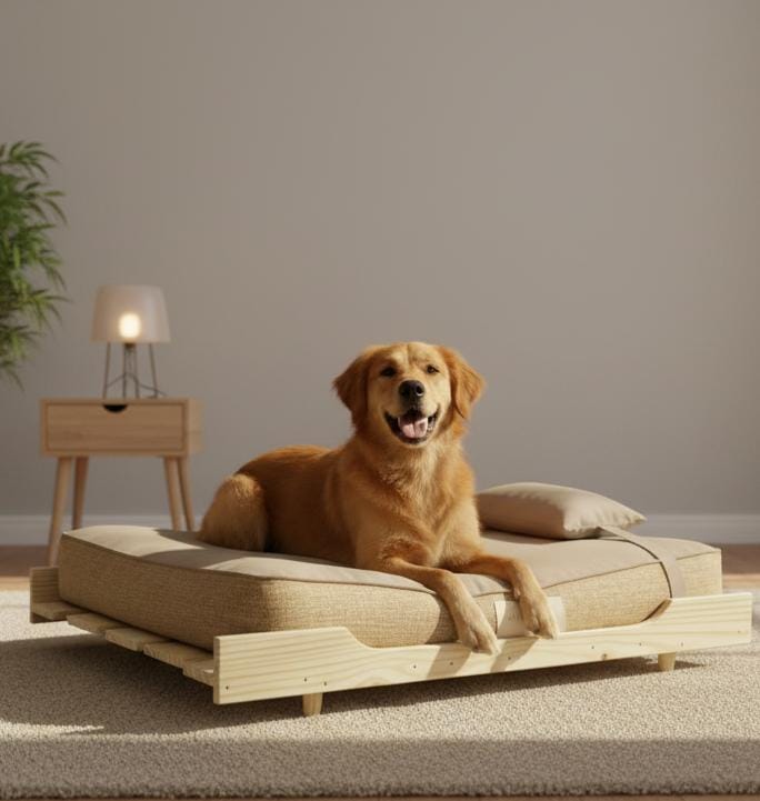 Foldable Wooden Dog Bed with Cushion | Large Pet Sofa Bed | Portable Folding Pet Cot for Large Dogs | Indoor Use | 48 x 30 Inches (4 ft x 2.5 ft)