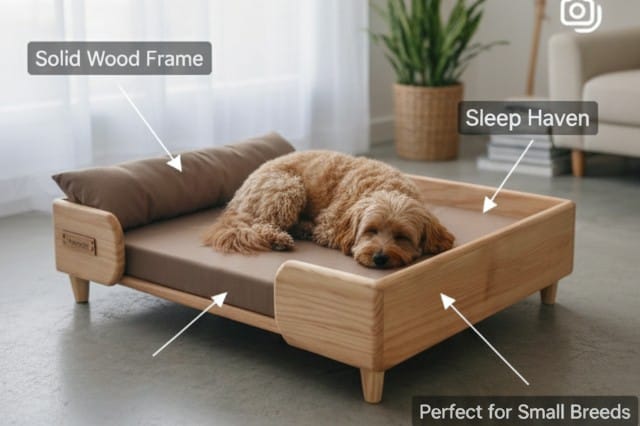 Beige Bedding with Cushion | Small Dog Wooden Bed | Pet Furniture