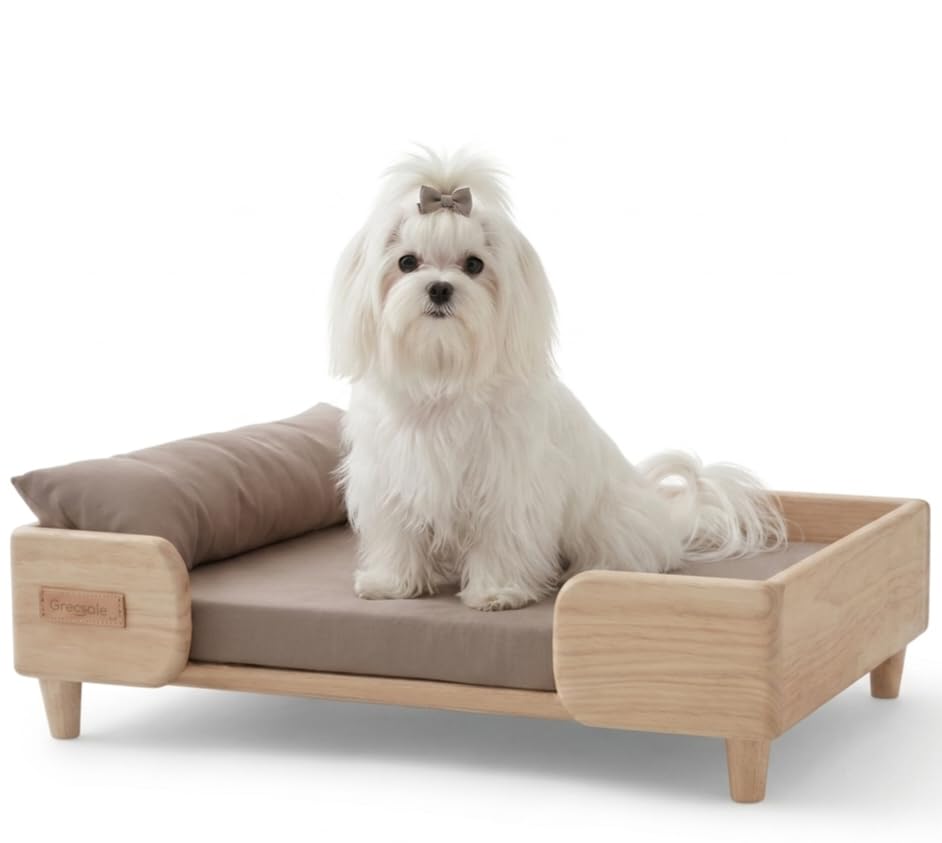 Beige Bedding with Cushion | Small Dog Wooden Bed | Pet Furniture