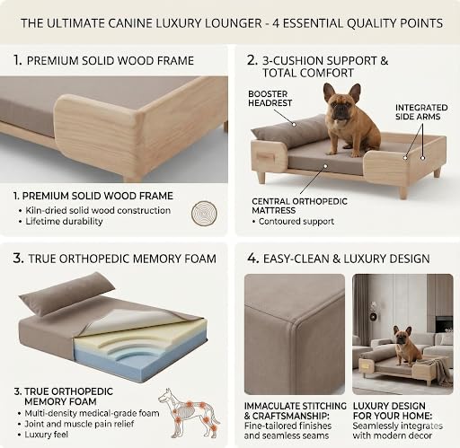 Beige Bedding with Cushion | Small Dog Wooden Bed | Pet Furniture