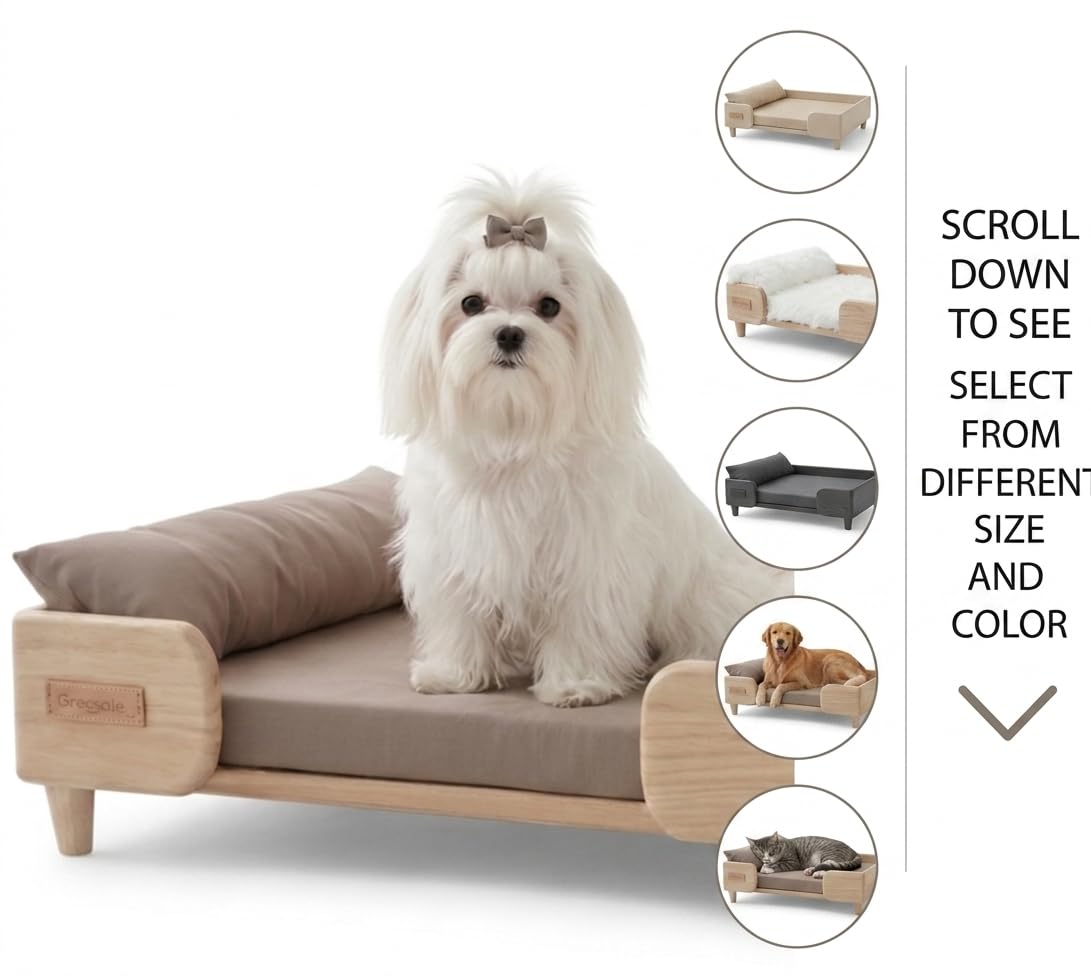 Beige Bedding with Cushion | Small Dog Wooden Bed | Pet Furniture